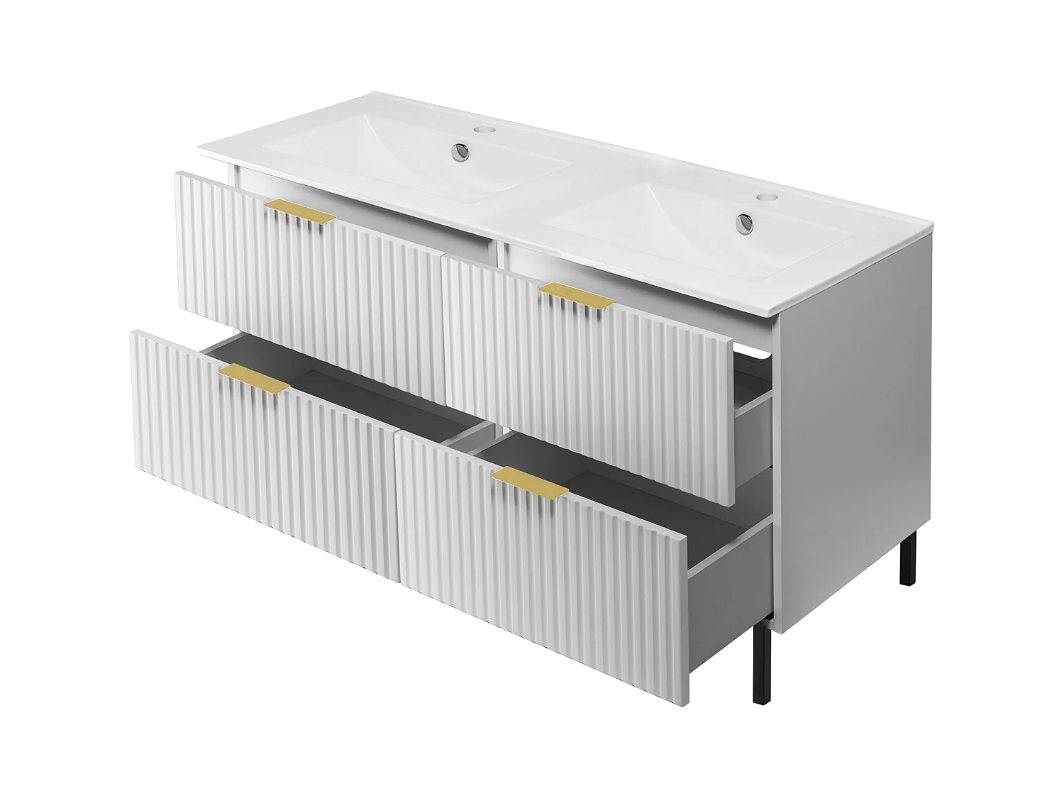 Meuble vasque, Blanc, 120 (2 x 60) x 77 x 46 cm, poignée dorée, pieds noirs, sans plateau