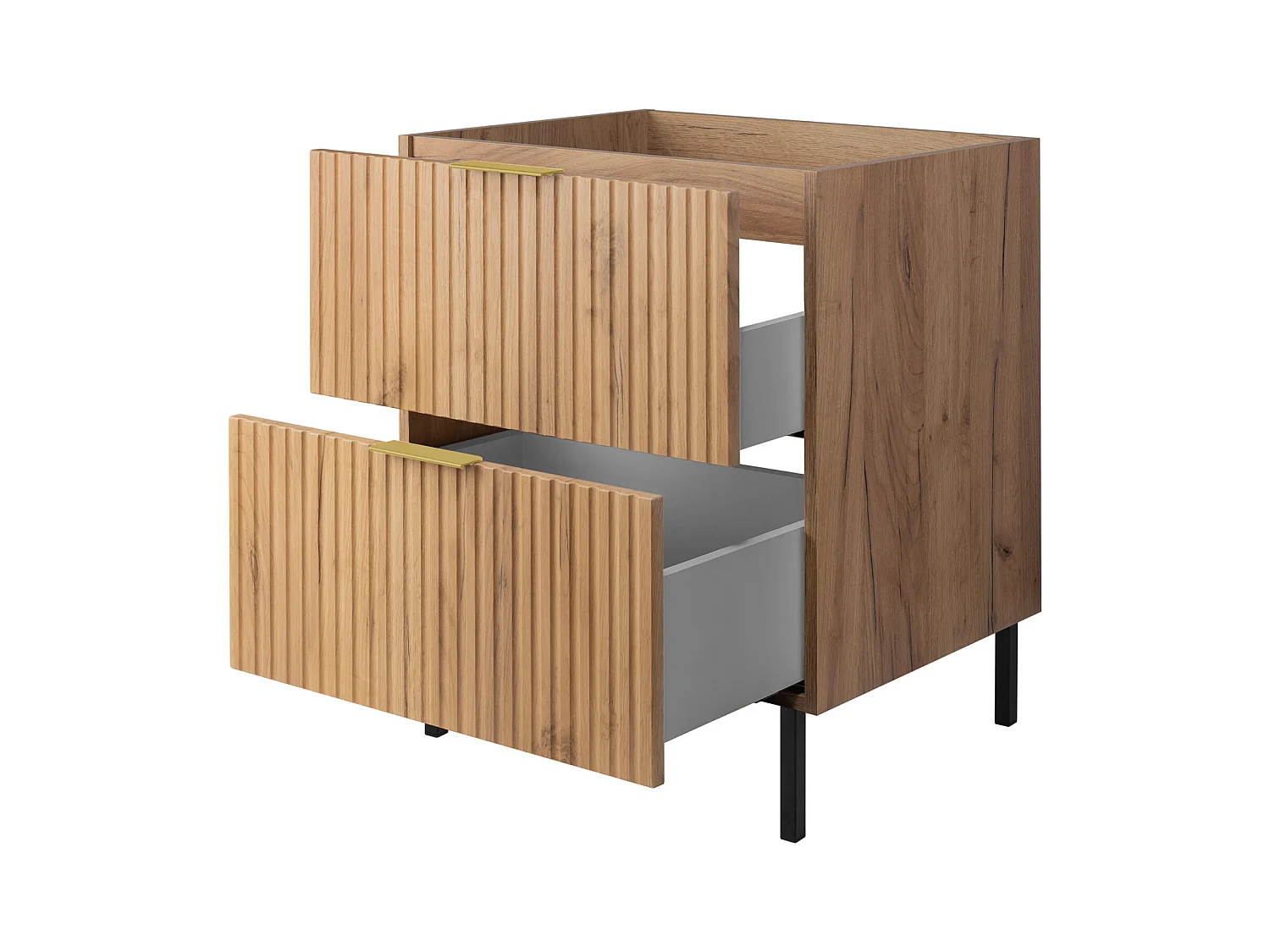 Meuble vasque, Chêne Craft, 60 x 77 x 46 cm, poignée dorée, pieds noirs, sans plateau