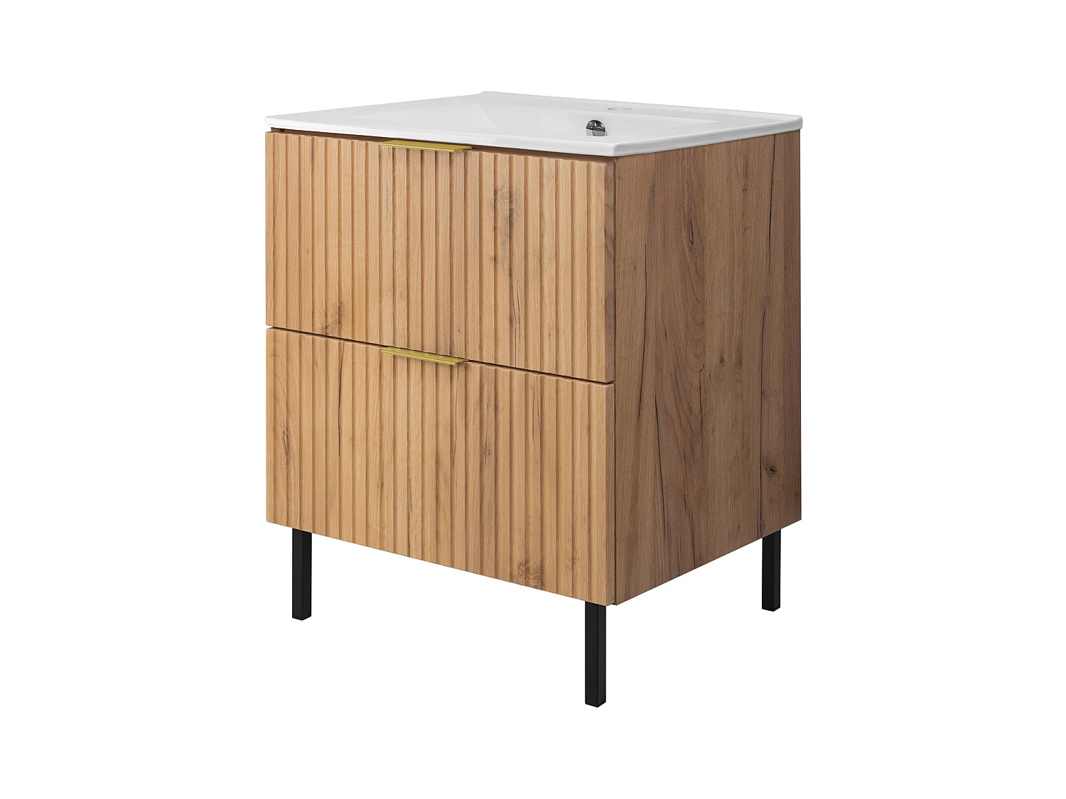 Meuble vasque, Chêne Craft, 60 x 77 x 46 cm, poignée dorée, pieds noirs, sans plateau