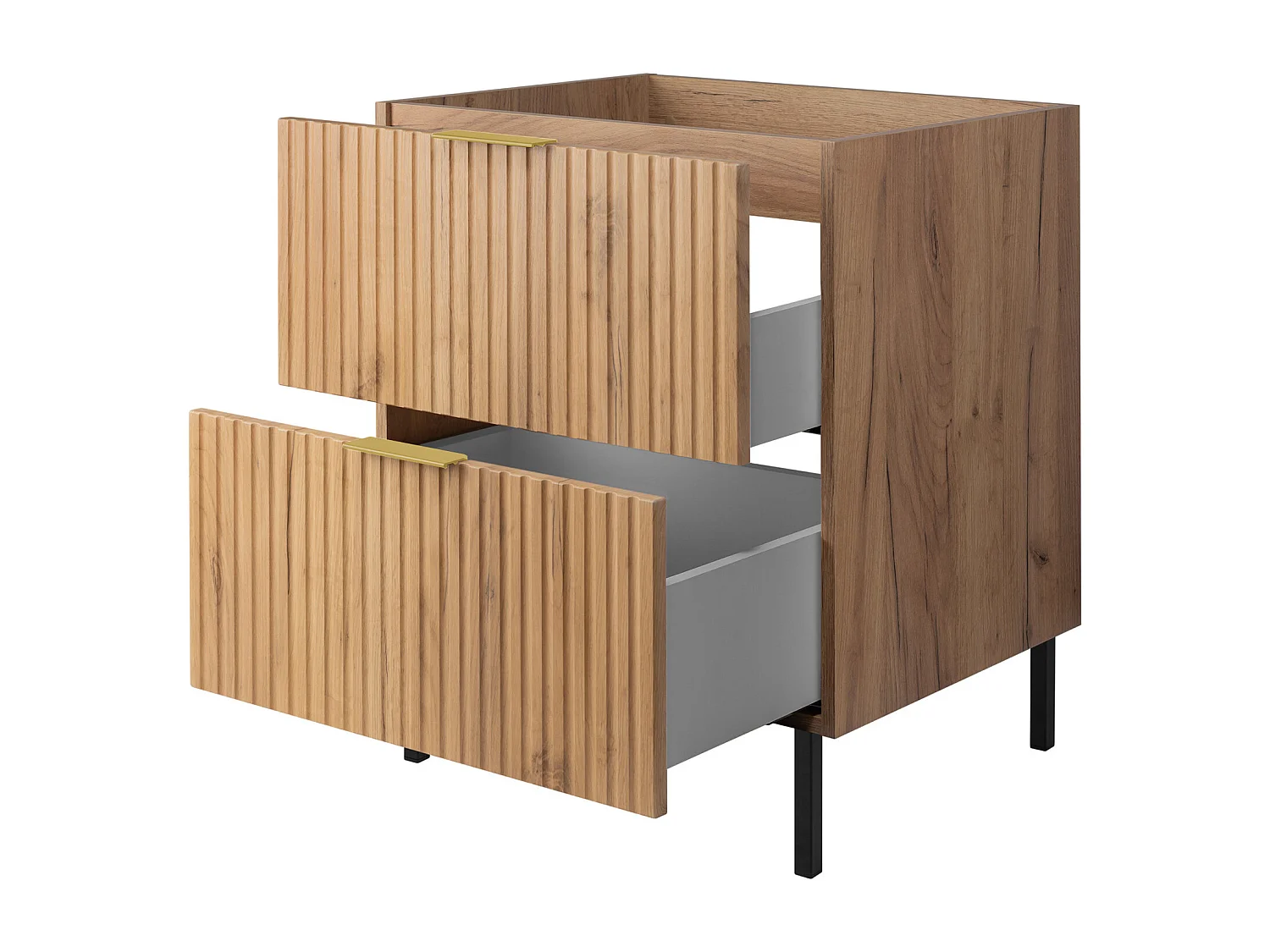 Meuble vasque, Chêne Craft, 60 x 77 x 46 cm, poignée dorée, pieds noirs, sans plateau