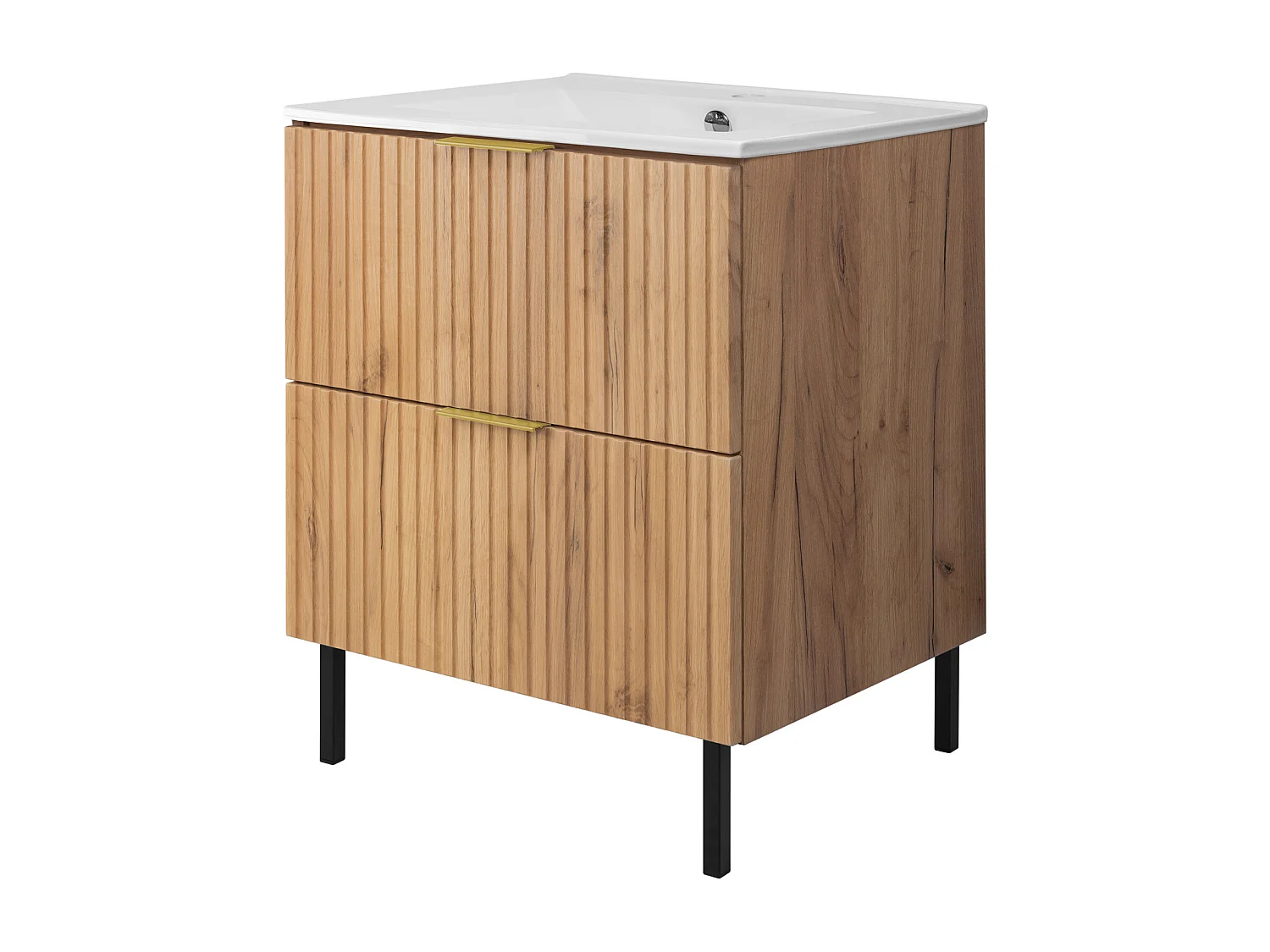 Meuble vasque, Chêne Craft, 60 x 77 x 46 cm, poignée dorée, pieds noirs, sans plateau