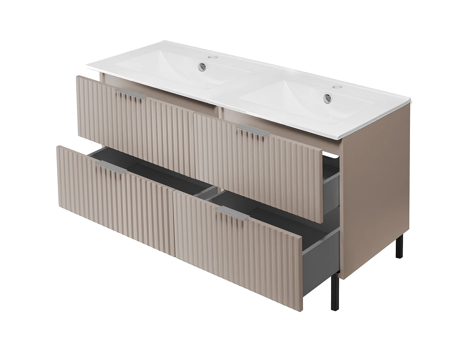 Waschbeckunterschrank, Kaschmir, 120 (2 x 60) x 77 x 46 cm, silberner Griff, schwarze Beine, ohne Top