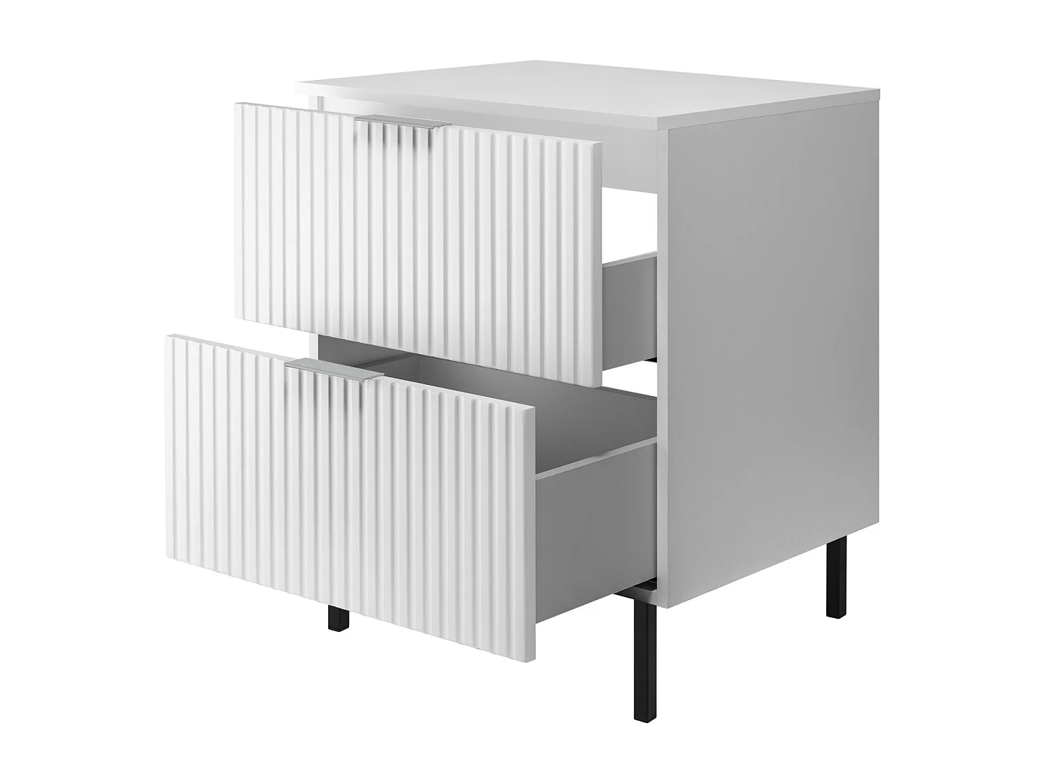 Meuble vasque, blanc, 60 x 77 x 46 cm, poignée argentée, pieds noirs + plan de travail