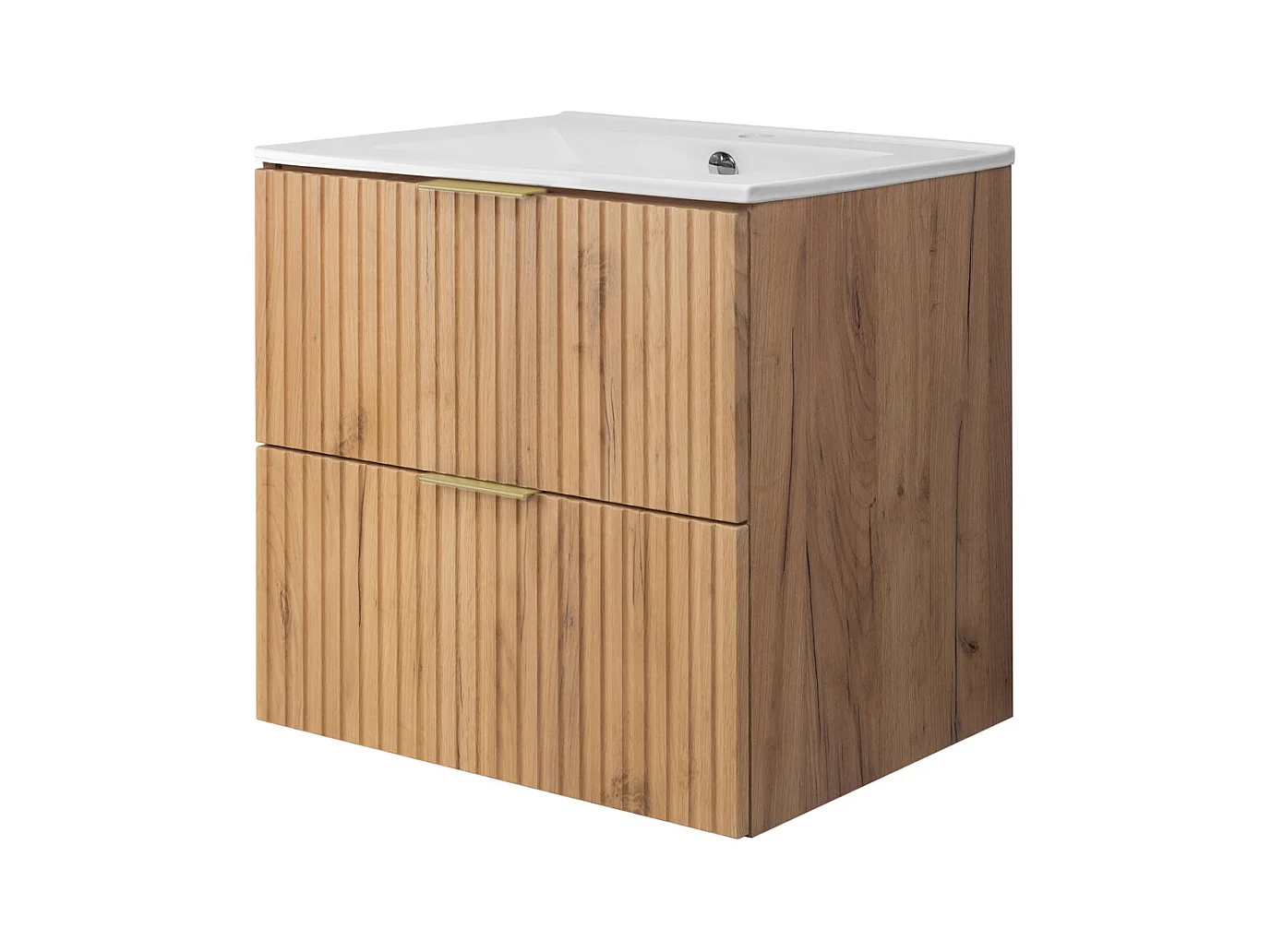 Meuble vasque, Chêne Craft, 60 x 57 x 46 cm, poignée dorée, sans plateau