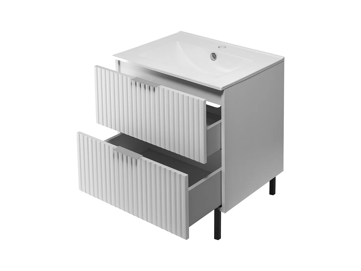 Waschbeckunterschrank, Weiß, 60 x 77 x 46 cm, silberner Griff, schwarze Beine, ohne Arbeitsplatte
