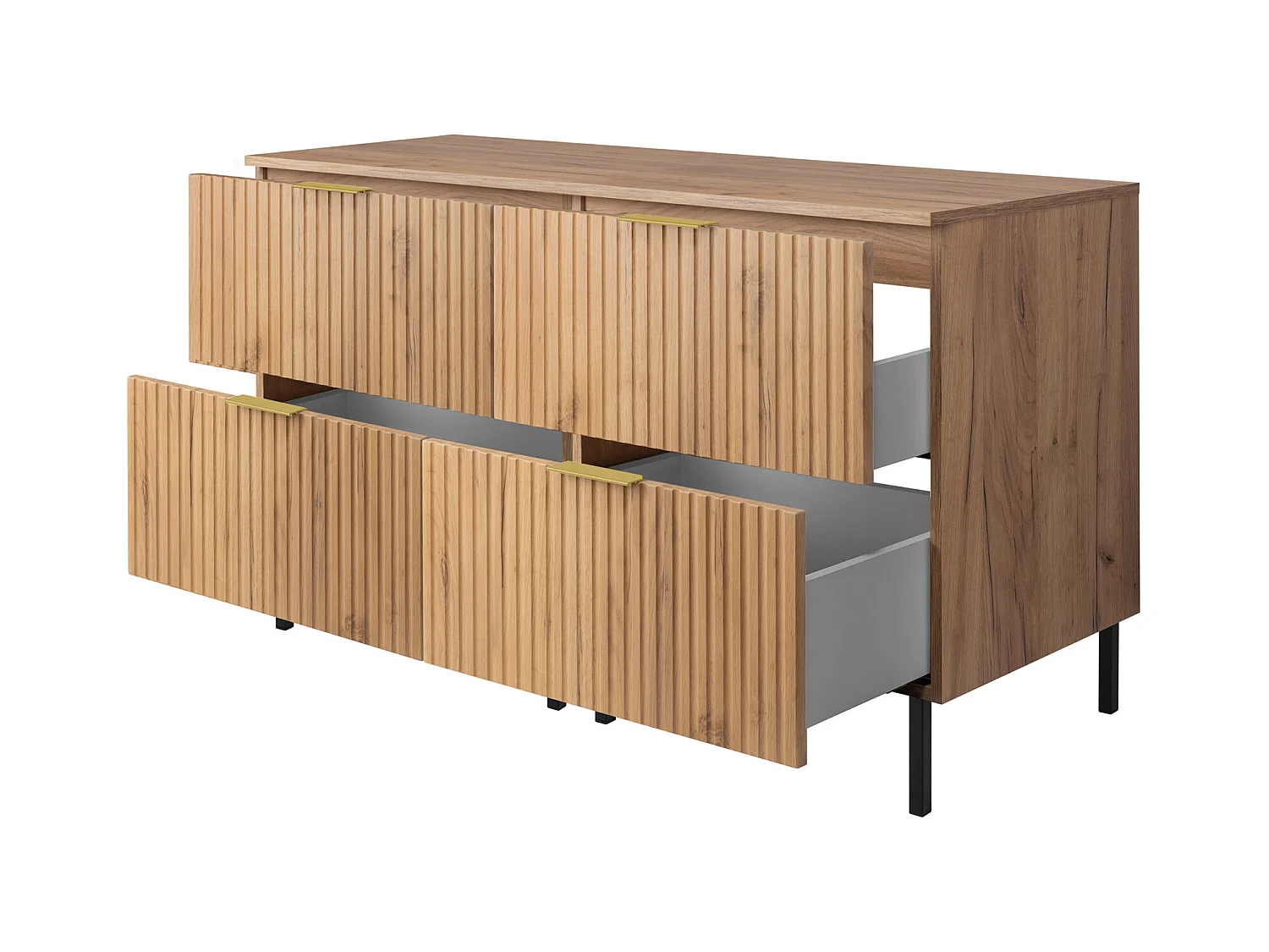 Meuble vasque, Chêne Craft, 120 (2 x 60) x 77 x 46 cm, poignée dorée, pieds noirs + Plan de travail