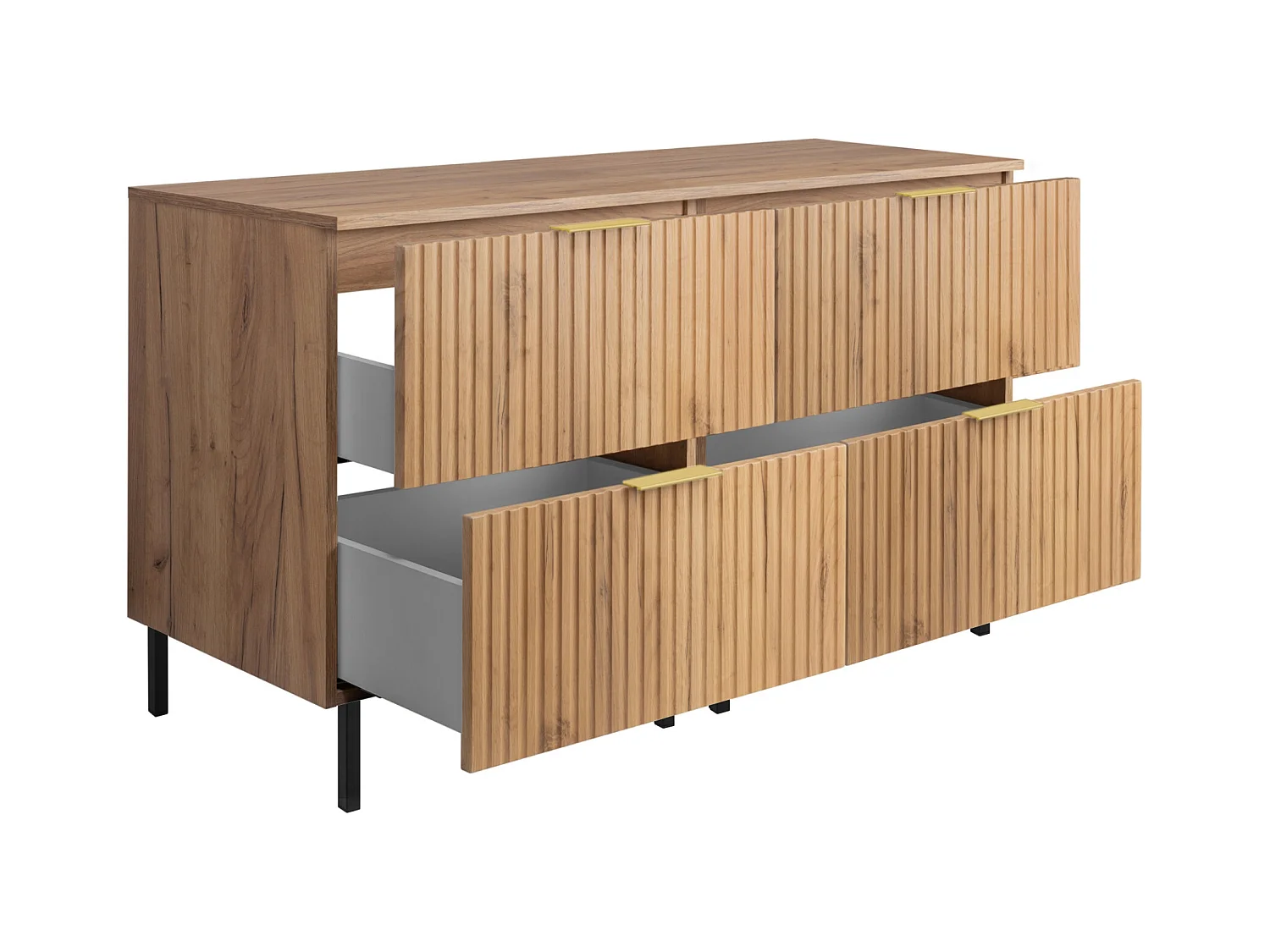 Meuble vasque, Chêne Craft, 120 (2 x 60) x 77 x 46 cm, poignée dorée, pieds noirs + Plan de travail