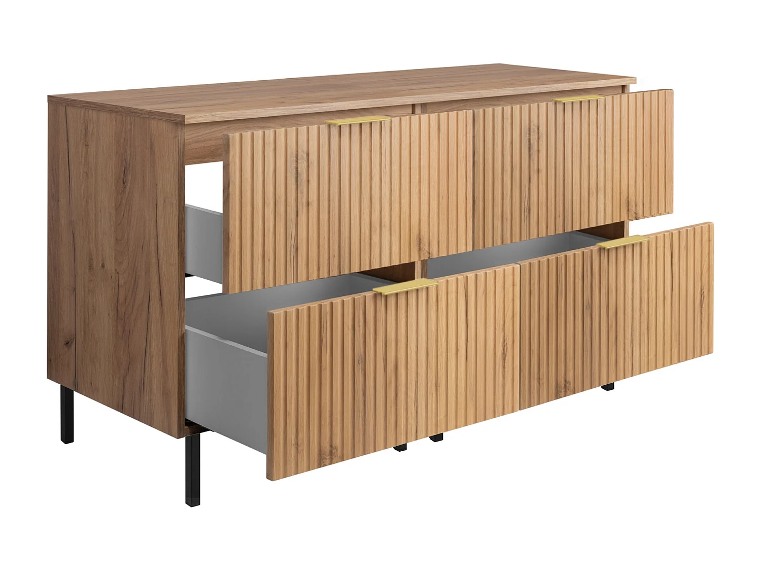 Meuble vasque, Chêne Craft, 120 (2 x 60) x 77 x 46 cm, poignée dorée, pieds noirs + Plan de travail