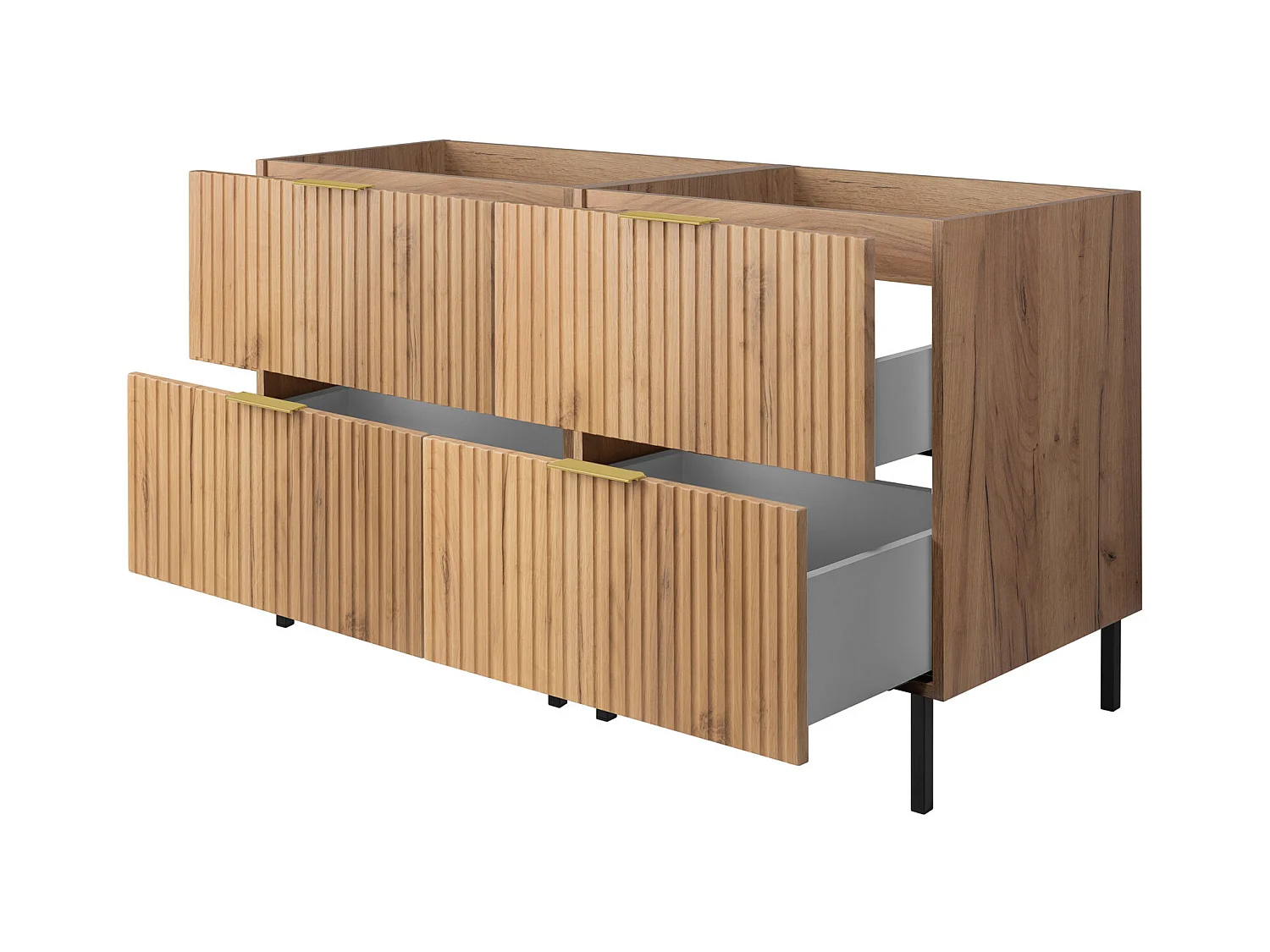 Meuble vasque, Chêne Craft, 120 (2 x 60) x 77 x 46 cm, poignée dorée, pieds noirs, sans plateau