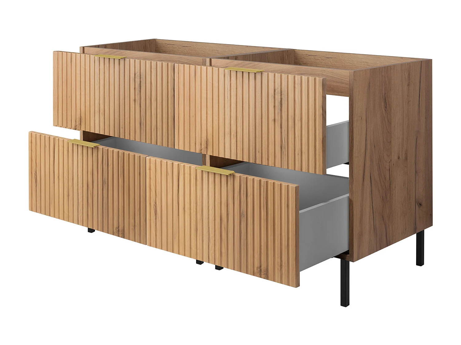 Meuble vasque, Chêne Craft, 120 (2 x 60) x 77 x 46 cm, poignée dorée, pieds noirs, sans plateau