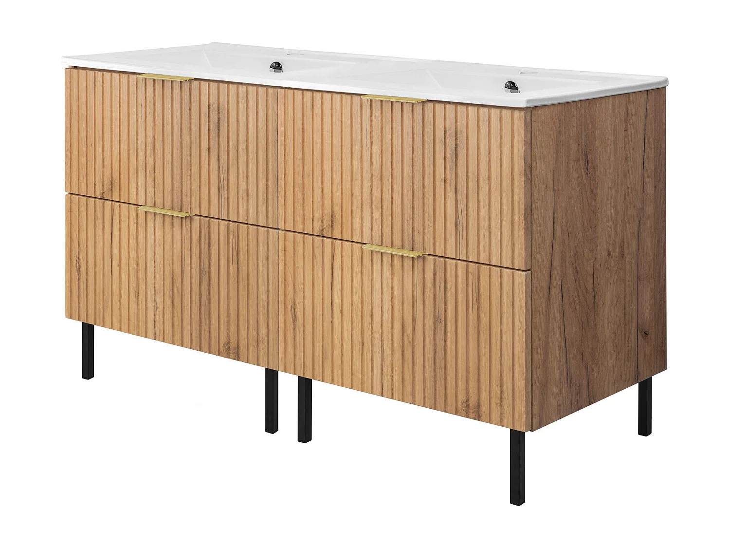 Meuble vasque, Chêne Craft, 120 (2 x 60) x 77 x 46 cm, poignée dorée, pieds noirs, sans plateau