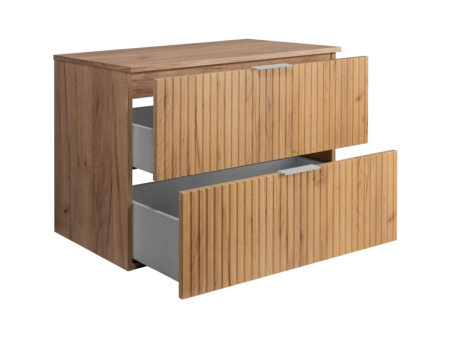 Waschbeckunterschrank, Eiche Craft, 80 x 57 x 46 cm, silberner Griff + Arbeitsplatte