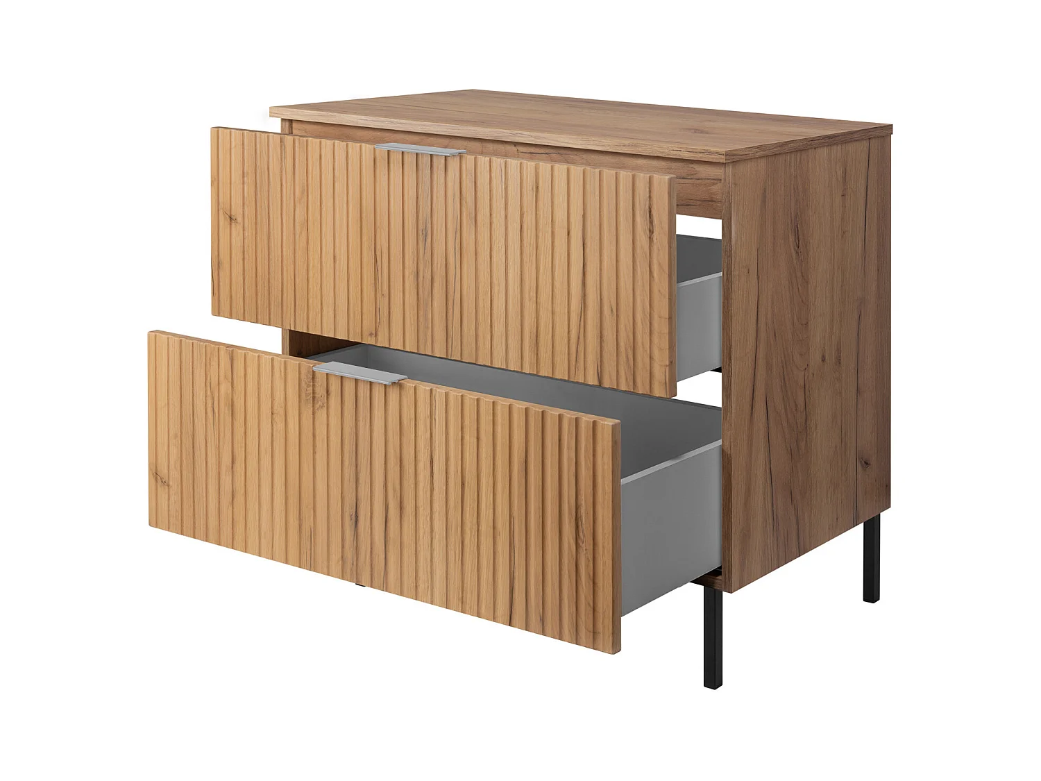 Waschbeckunterschrank, Eiche Craft, 80 x 77 x 46 cm, silberner Griff, schwarze Beine + Arbeitsplatte