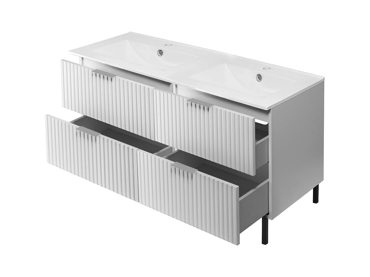 Meuble vasque, Blanc, 120 (2 x 60) x 77 x 46 cm, poignée argentée, pieds noirs, sans plateau