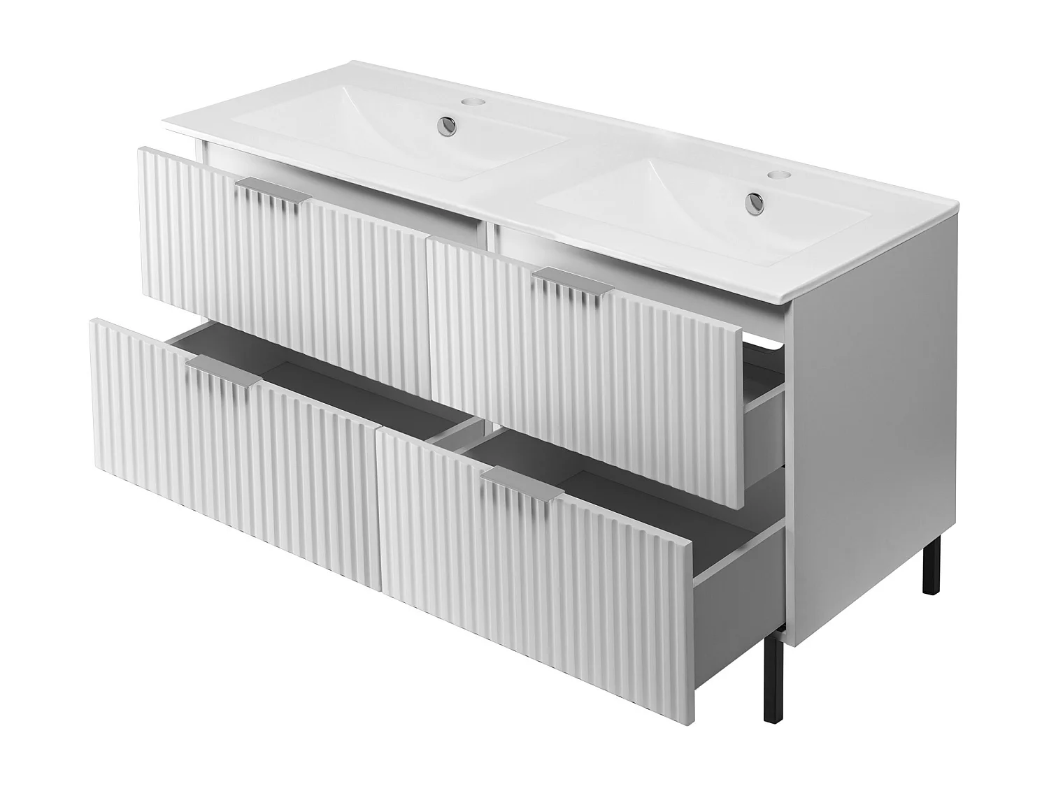 Meuble vasque, Blanc, 120 (2 x 60) x 77 x 46 cm, poignée argentée, pieds noirs, sans plateau