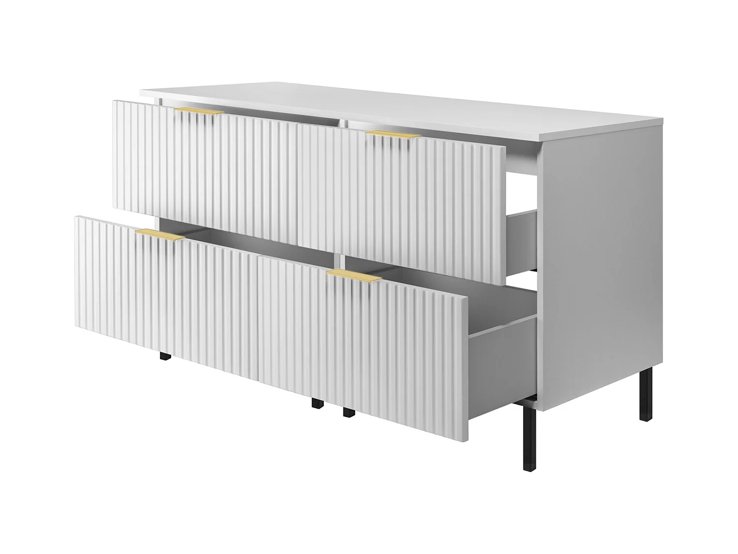 Waschbeckunterschrank, Weiß, 120 (2 x 60) x 77 x 46 cm, goldener Griff, schwarze Beine + Arbeitsplatte