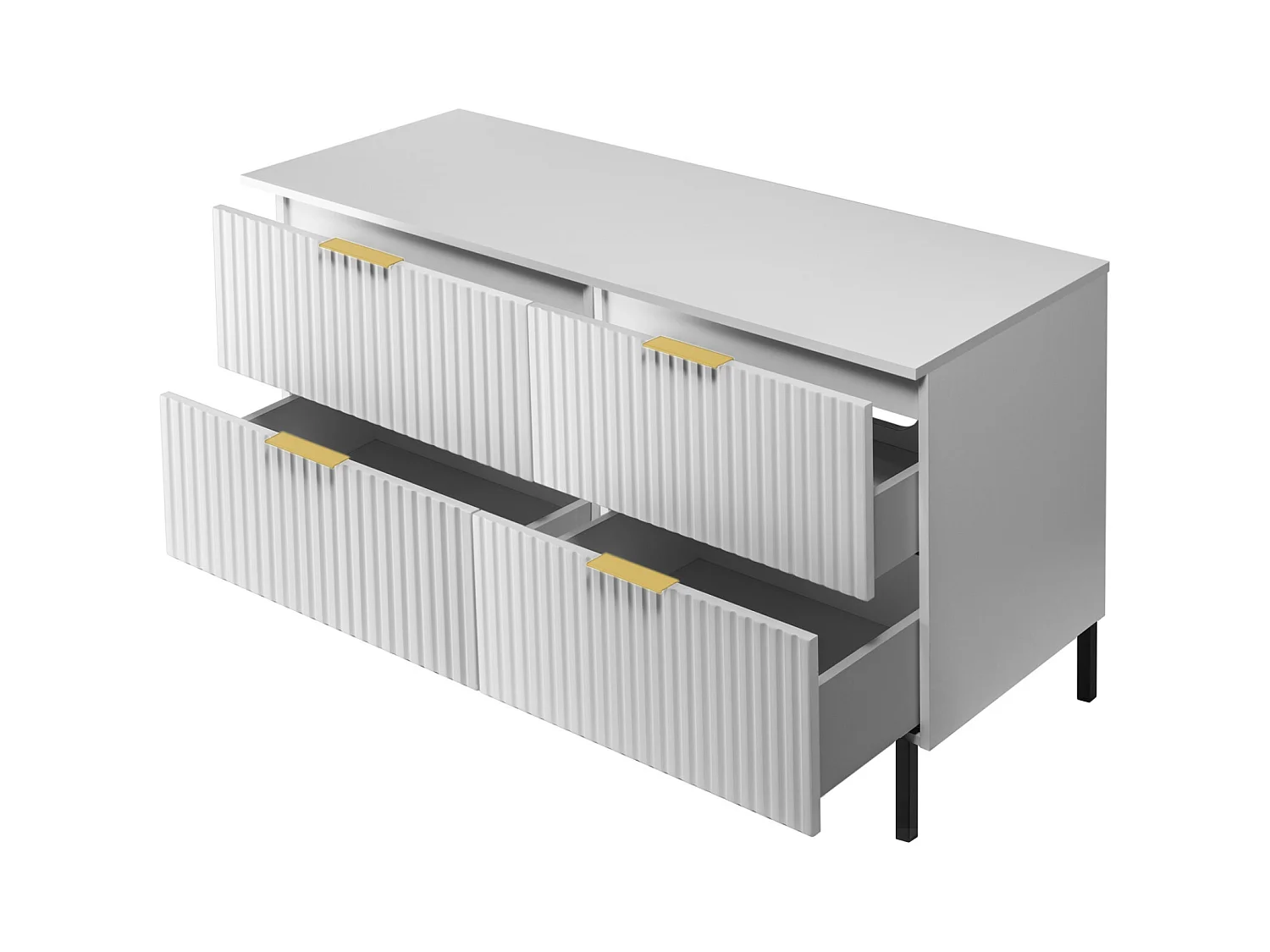 Waschbeckunterschrank, Weiß, 120 (2 x 60) x 77 x 46 cm, goldener Griff, schwarze Beine + Arbeitsplatte