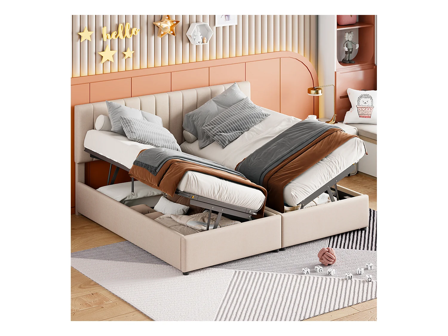 Cama baú estofada em tecido de linho - 180x200cm - transformável em 2 camas de solteiro - bege