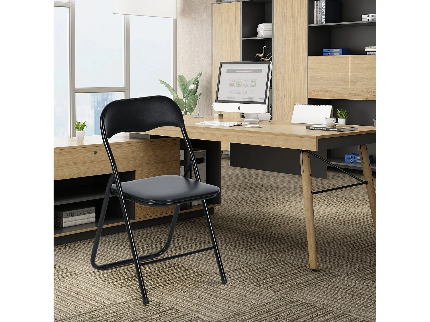 Lot de 4 Chaises Pliantes Noires en Coussin de siège en PU et pieds en métal Style Industriel