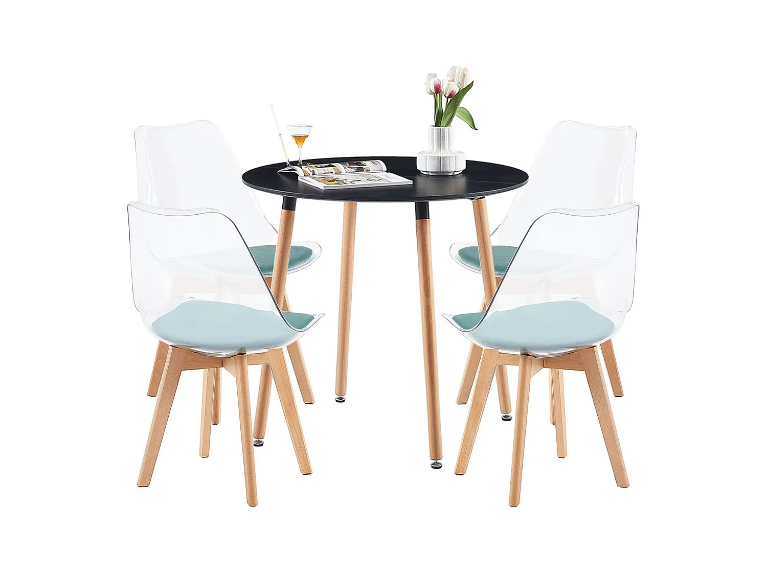 Lot de 4 Chaises Salle à Manger Scandinaves avec Pieds en Bois de Hêtre, avec Coussin d'Assise en Velours Vert Aquatique