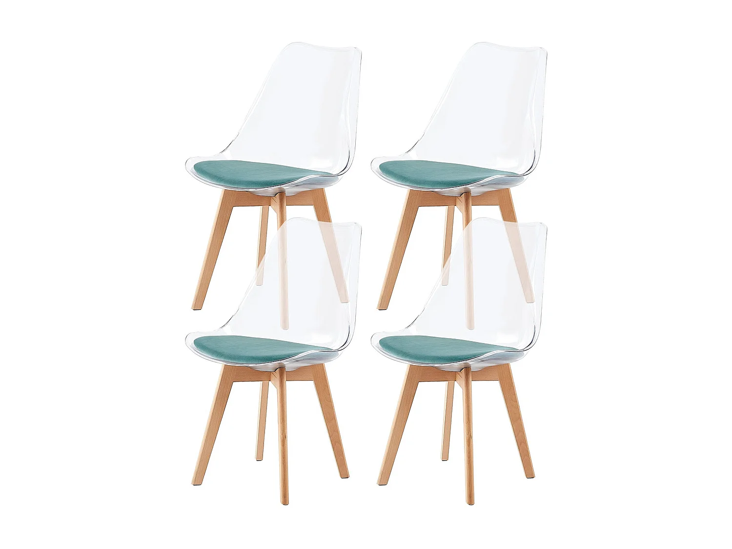 Lot de 4 Chaises Salle à Manger Scandinaves avec Pieds en Bois de Hêtre, avec Coussin d'Assise en Velours Vert Aquatique