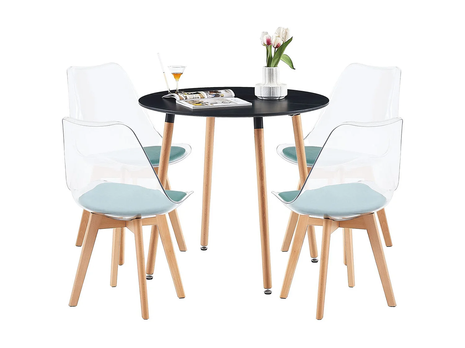 Lot de 4 Chaises Salle à Manger Scandinaves avec Pieds en Bois de Hêtre, avec Coussin d'Assise en Velours Vert Aquatique