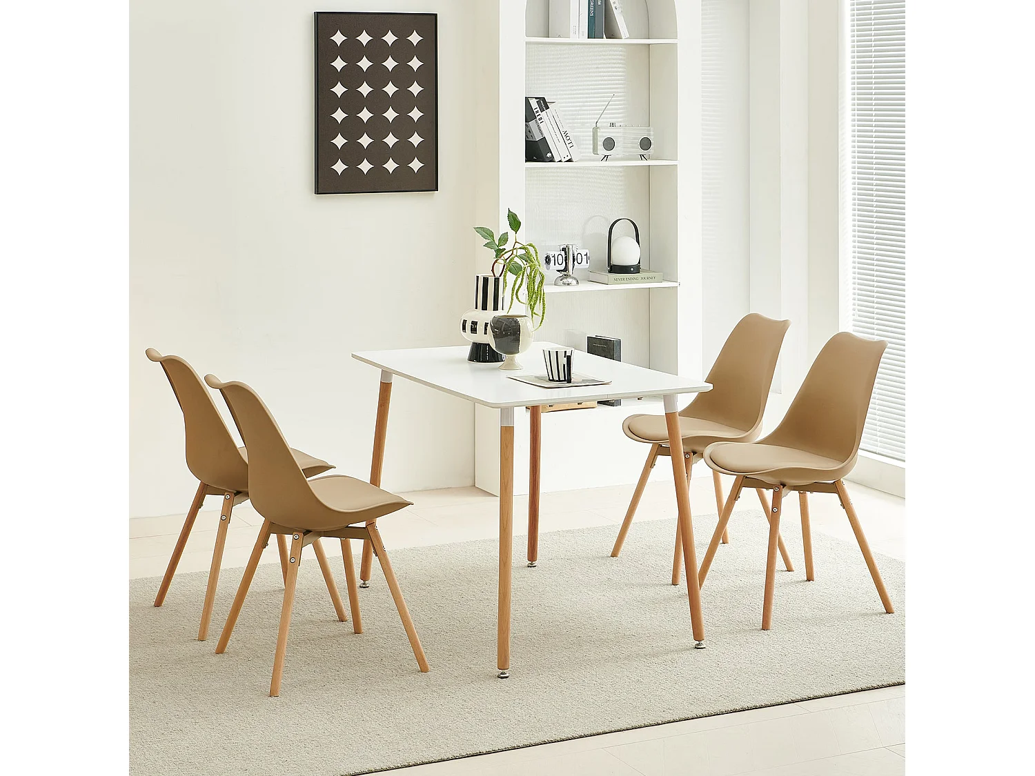 Set van 4 gestoffeerde massief houten stoelen voor eetkamer, woonkamer, slaapkamer - Khaki
