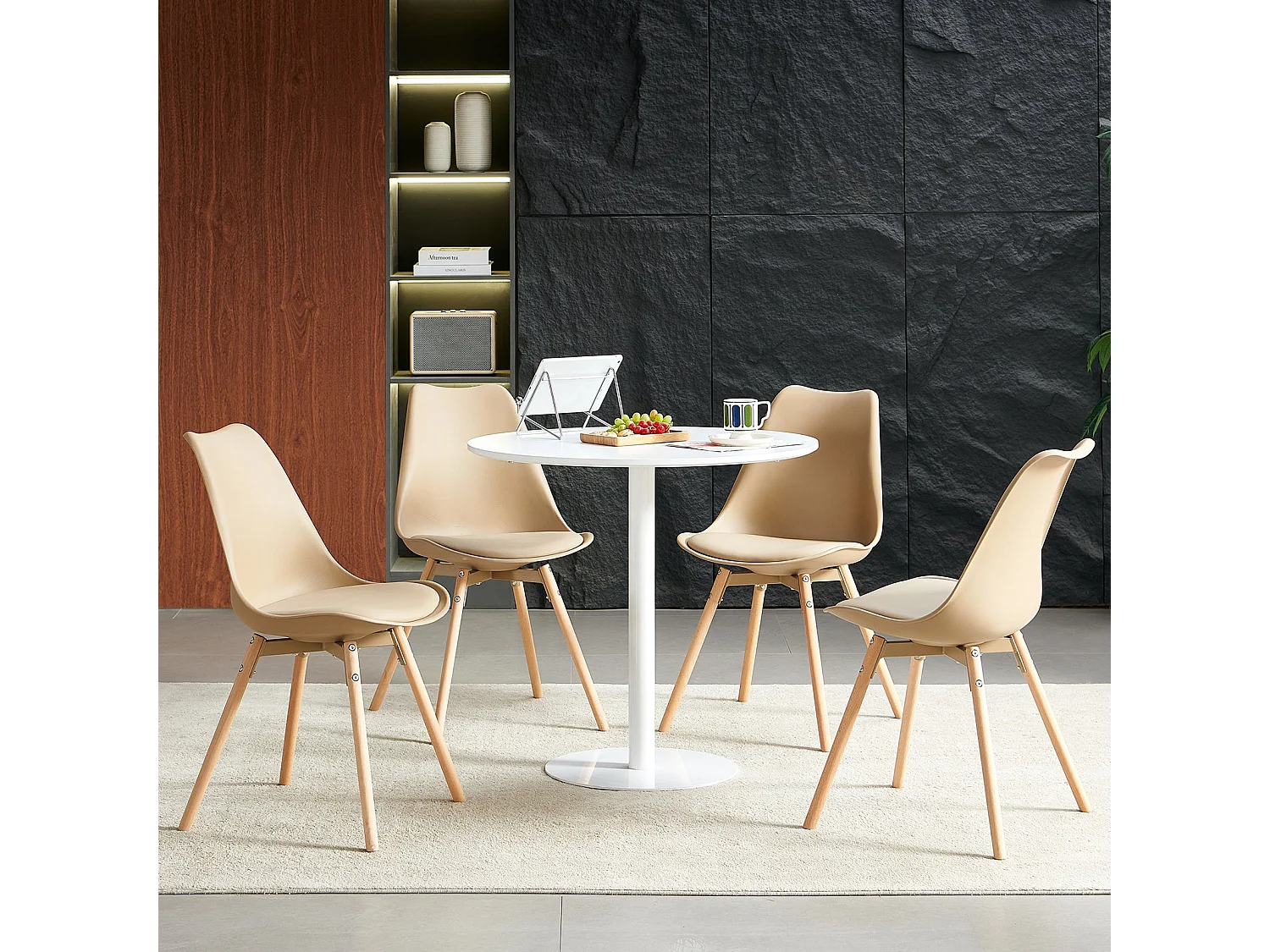 Set van 4 gestoffeerde massief houten stoelen voor eetkamer, woonkamer, slaapkamer - Khaki