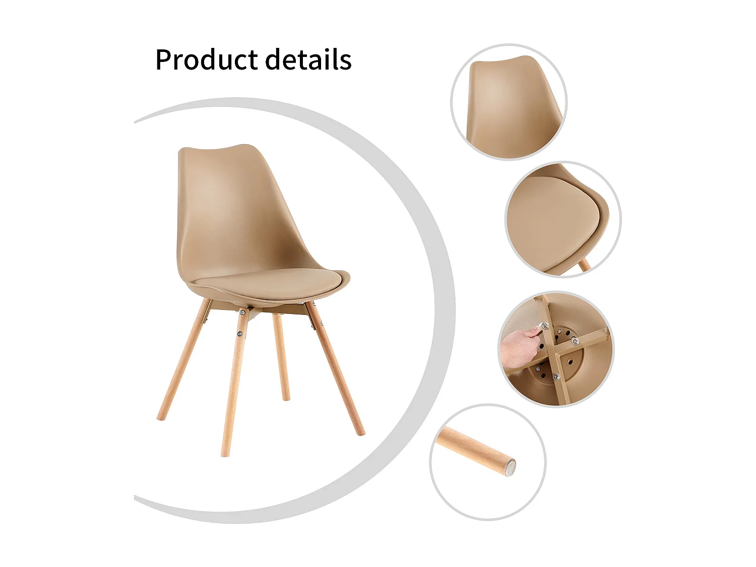 Set van 4 gestoffeerde massief houten stoelen voor eetkamer, woonkamer, slaapkamer - Khaki