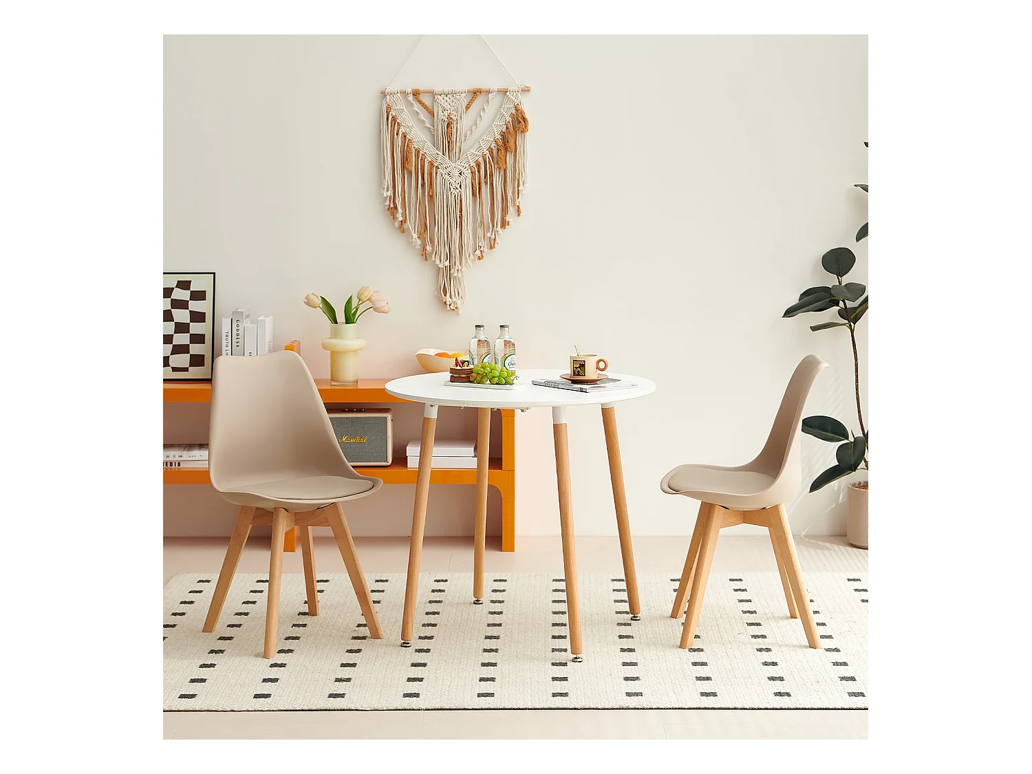 Lot de 4 Chaises de Cuisine Rétro Rembourrée Chaise de Salle de Bureau, Pieds en Bois de Hêtre Massif--Kaki clair