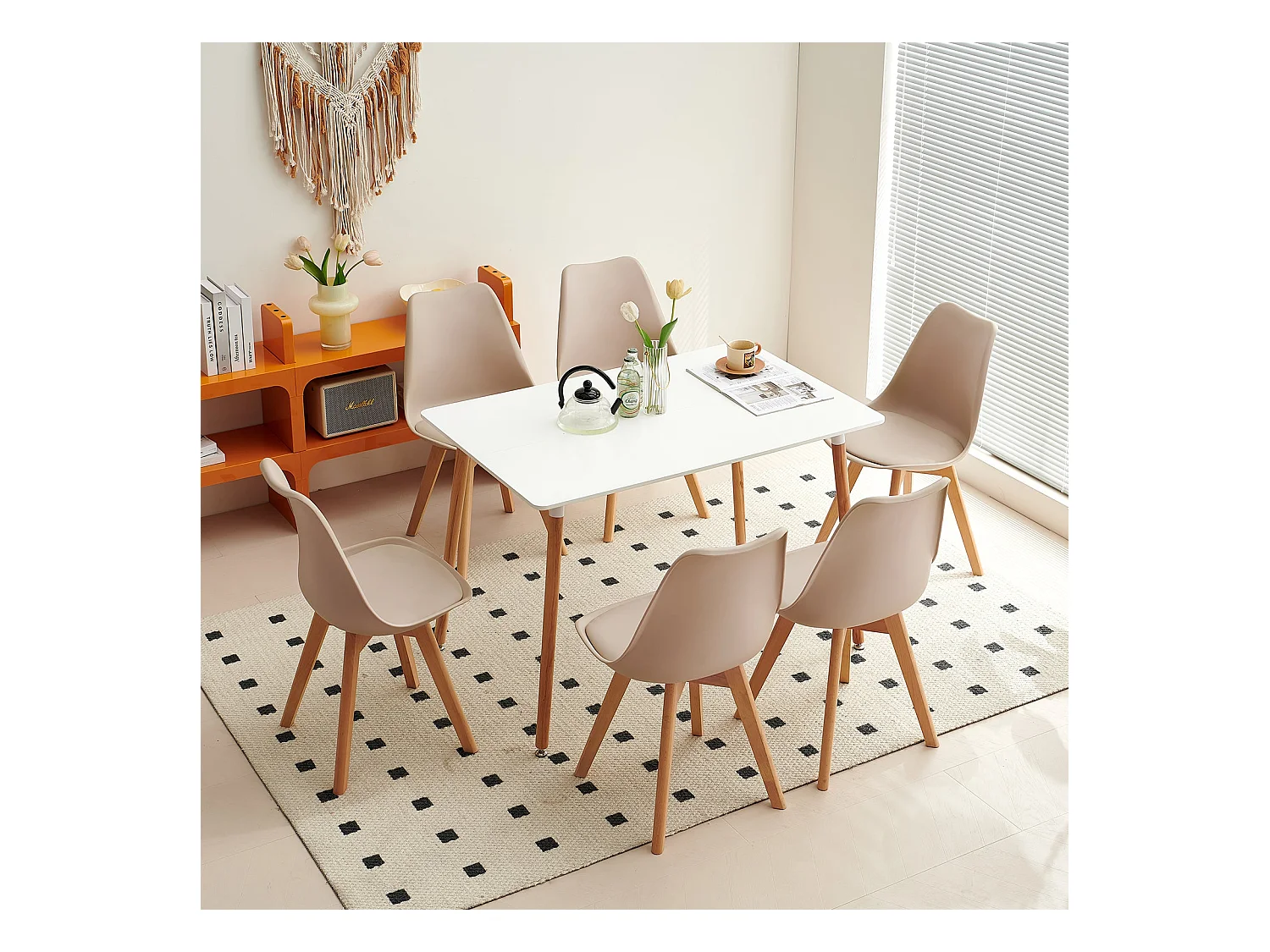 Lot de 4 Chaises de Cuisine Rétro Rembourrée Chaise de Salle de Bureau, Pieds en Bois de Hêtre Massif--Kaki clair