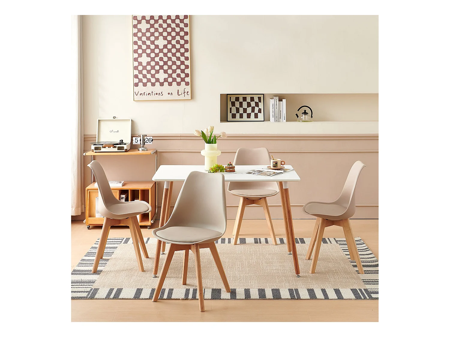 Lot de 4 Chaises de Cuisine Rétro Rembourrée Chaise de Salle de Bureau, Pieds en Bois de Hêtre Massif--Kaki clair