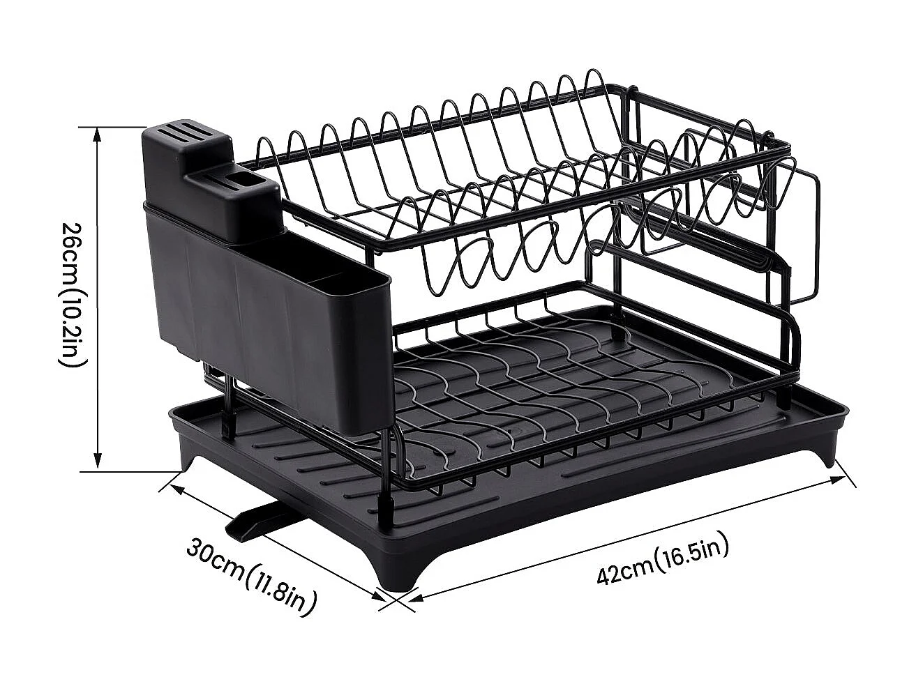 Égouttoir à Vaisselle Noir 2 Niveaux avec Porte-Ustensiles et Bac d'Égouttement – Design Pratique, Séchage Rapide et Hygiénique