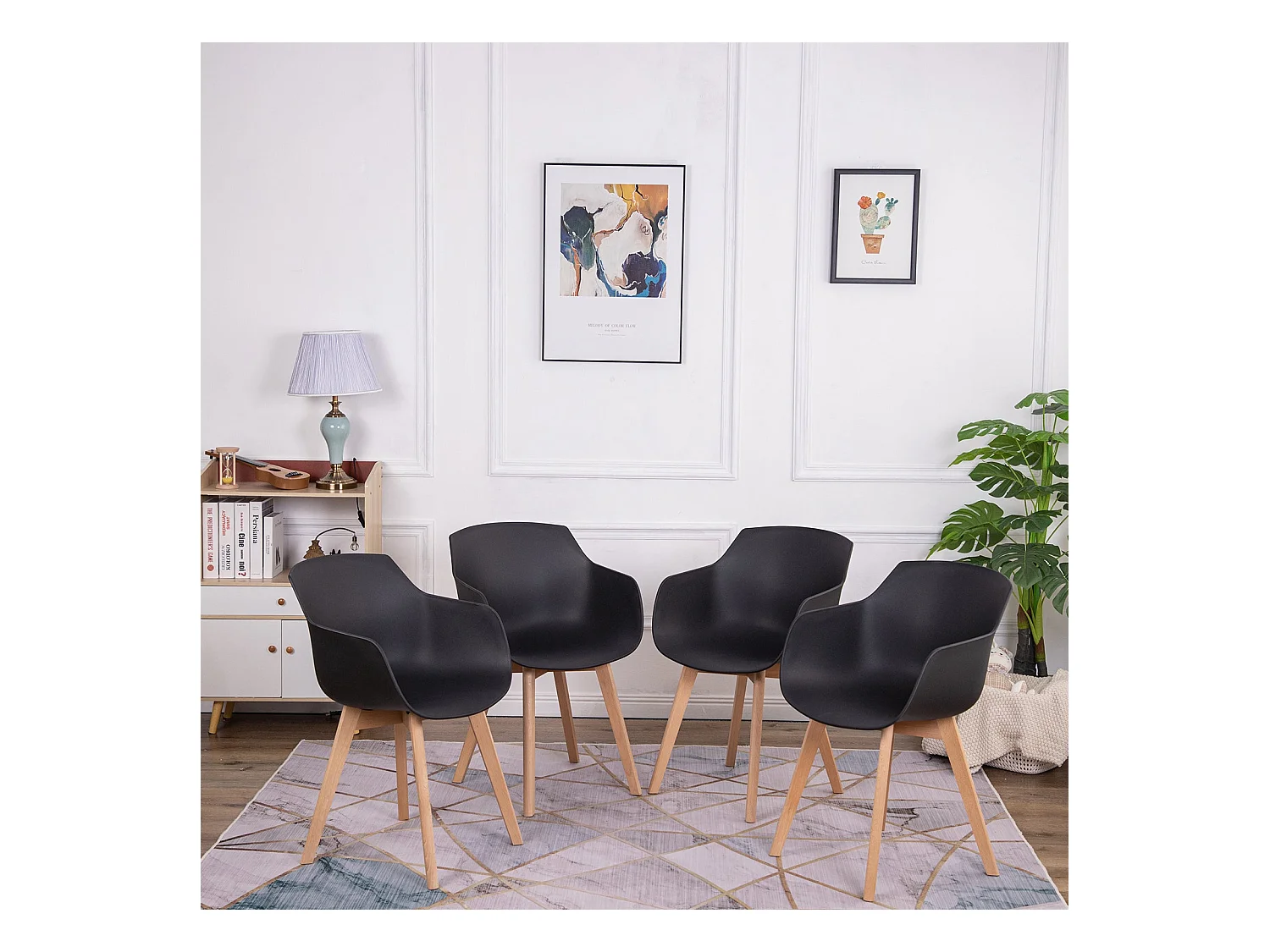 Lot de 4 Chaises Salle à Manger Fauteuils Scandinave de Cuisine avec Pieds en Bois de Hêtre Massif Noir