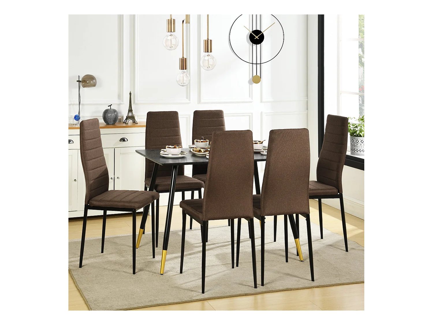 Lot de 6 chaises de salle à manger, de cuisine, confortables et rembourrées, avec siège en tissu, dossier, pieds en métal, marron