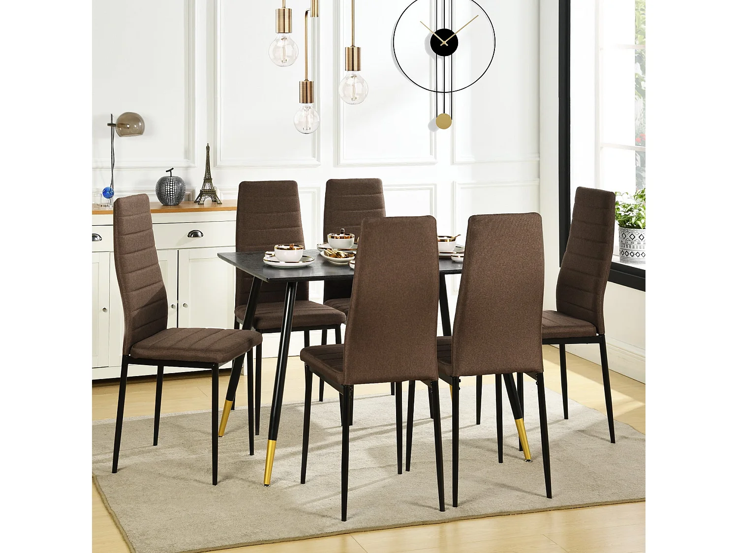 Lot de 6 chaises de salle à manger, de cuisine, confortables et rembourrées, avec siège en tissu, dossier, pieds en métal, marron