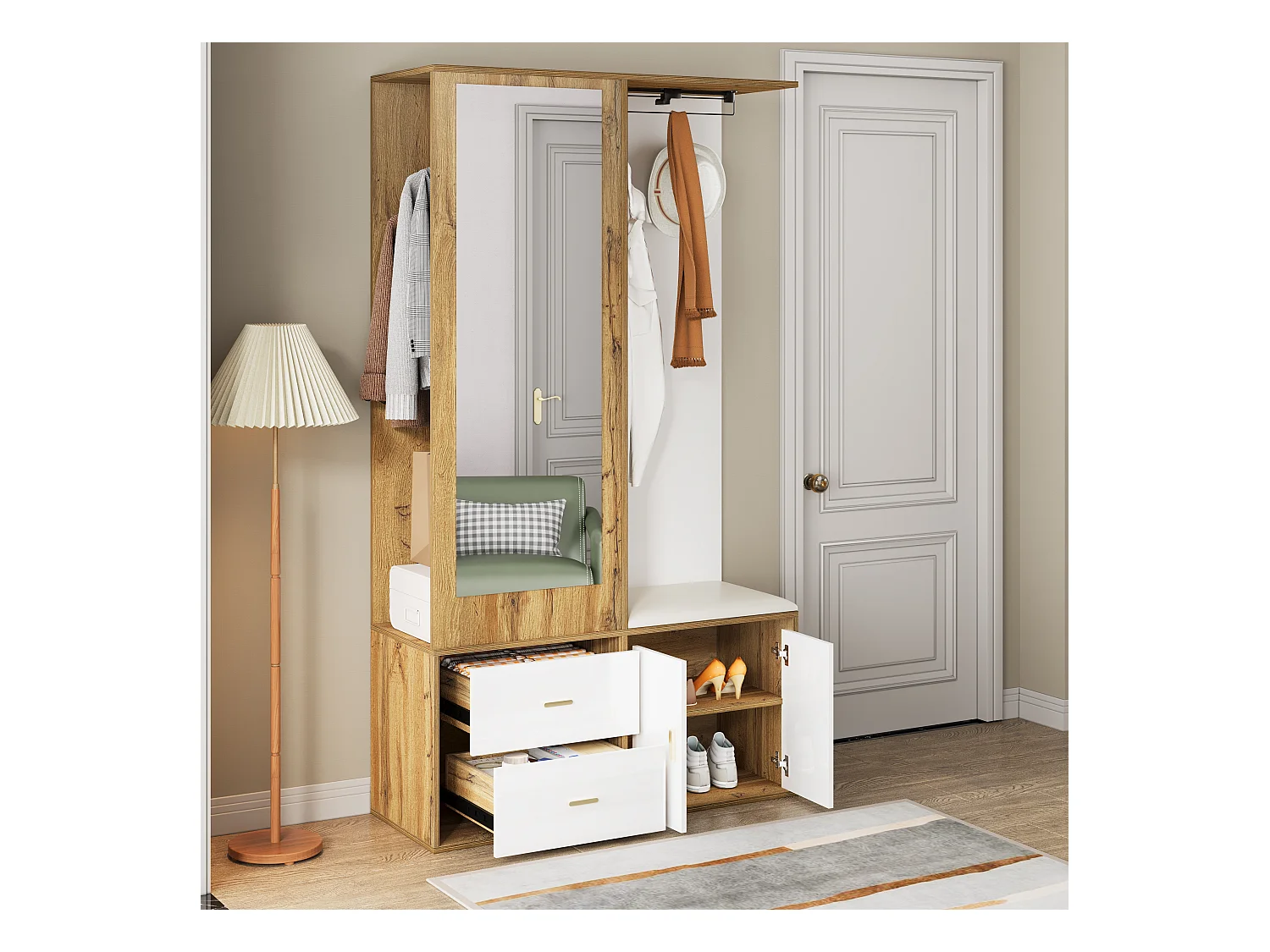 Elegantes Garderobenset in Weiß und Holz mit Spiegel, Schuhständer