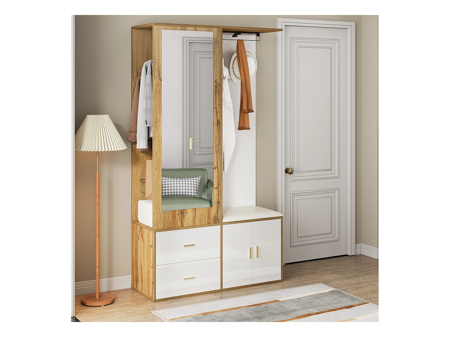 Elegantes Garderobenset in Weiß und Holz mit Spiegel, Schuhständer