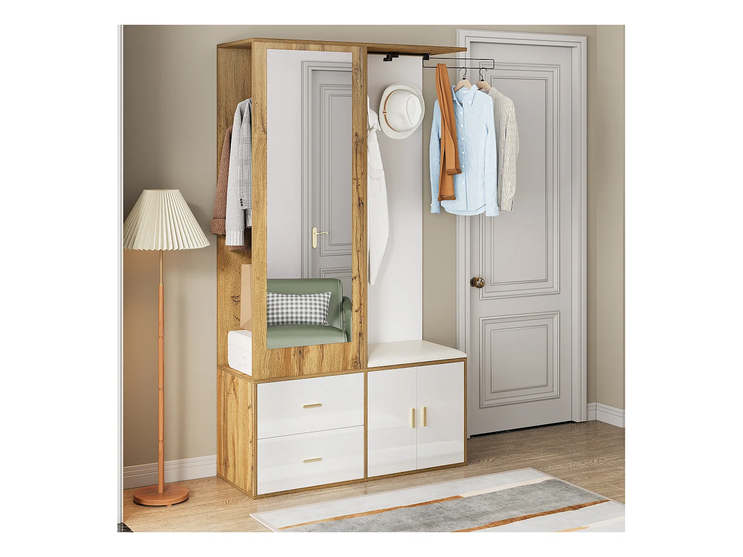 Elegantes Garderobenset in Weiß und Holz mit Spiegel, Schuhständer