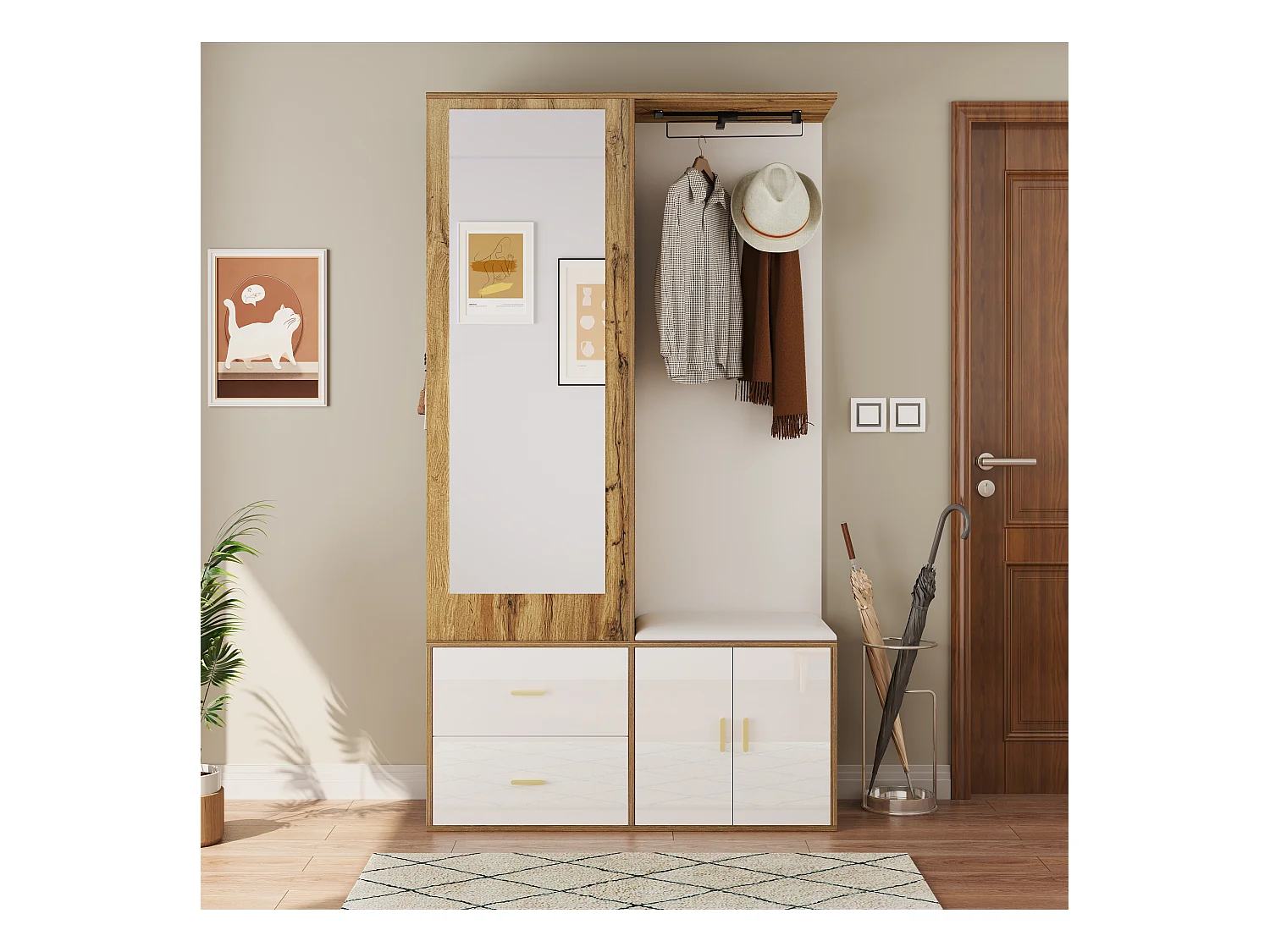 Elegantes Garderobenset in Weiß und Holz mit Spiegel, Schuhständer