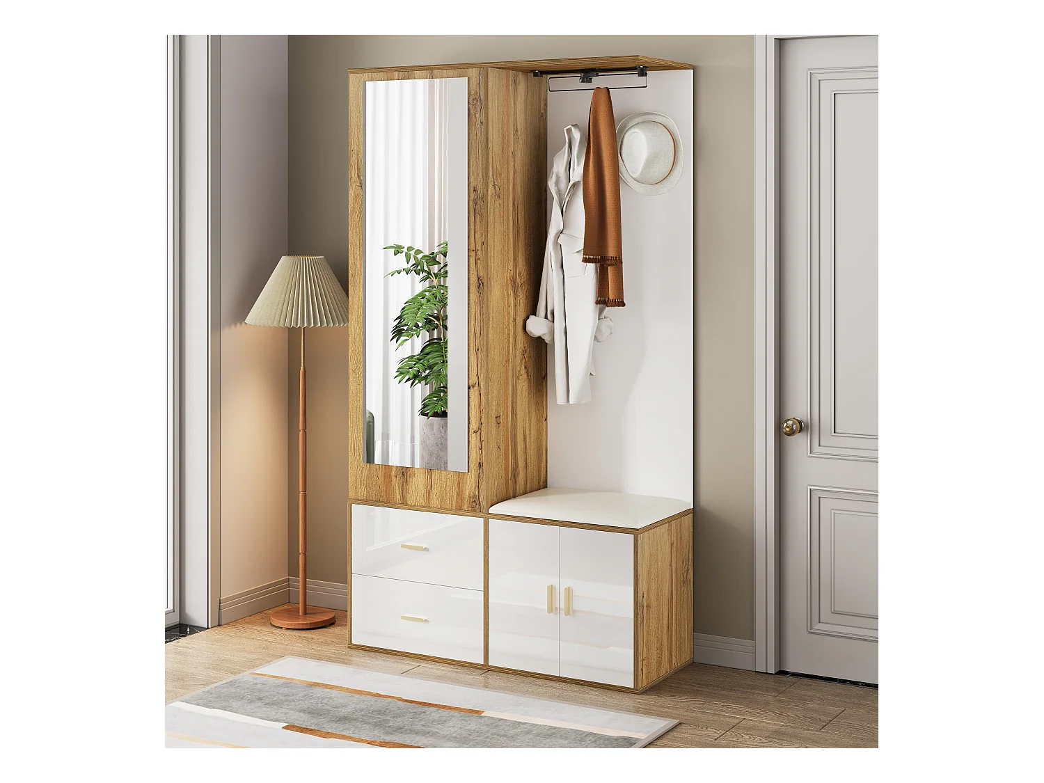 Elegantes Garderobenset in Weiß und Holz mit Spiegel, Schuhständer