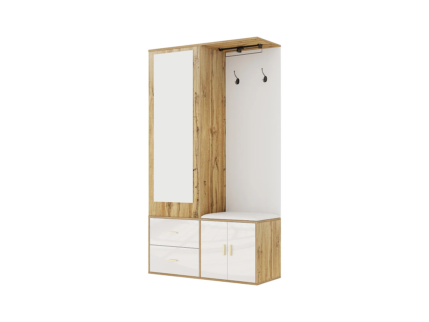 Elegantes Garderobenset in Weiß und Holz mit Spiegel, Schuhständer