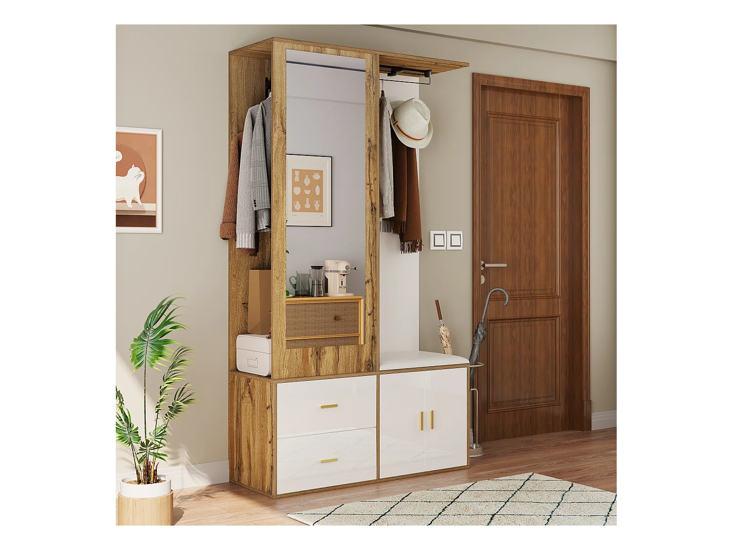 Elegante conjunto de perchero blanco y madera con espejo y zapatero.
