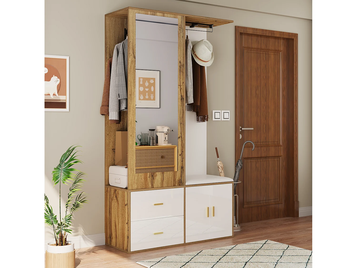 Elegante conjunto de perchero blanco y madera con espejo y zapatero.