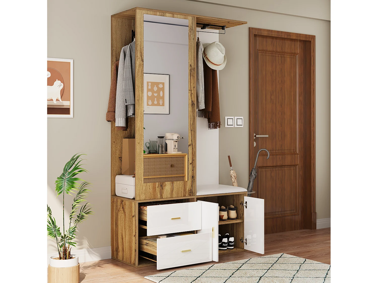 Elegante conjunto de perchero blanco y madera con espejo y zapatero.