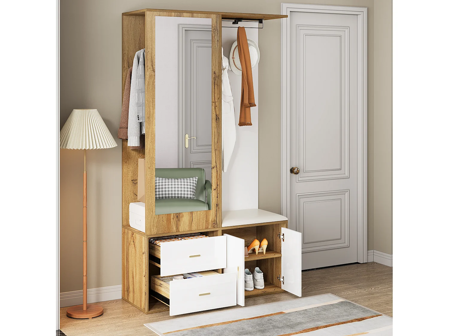 Elegante conjunto de perchero blanco y madera con espejo y zapatero.