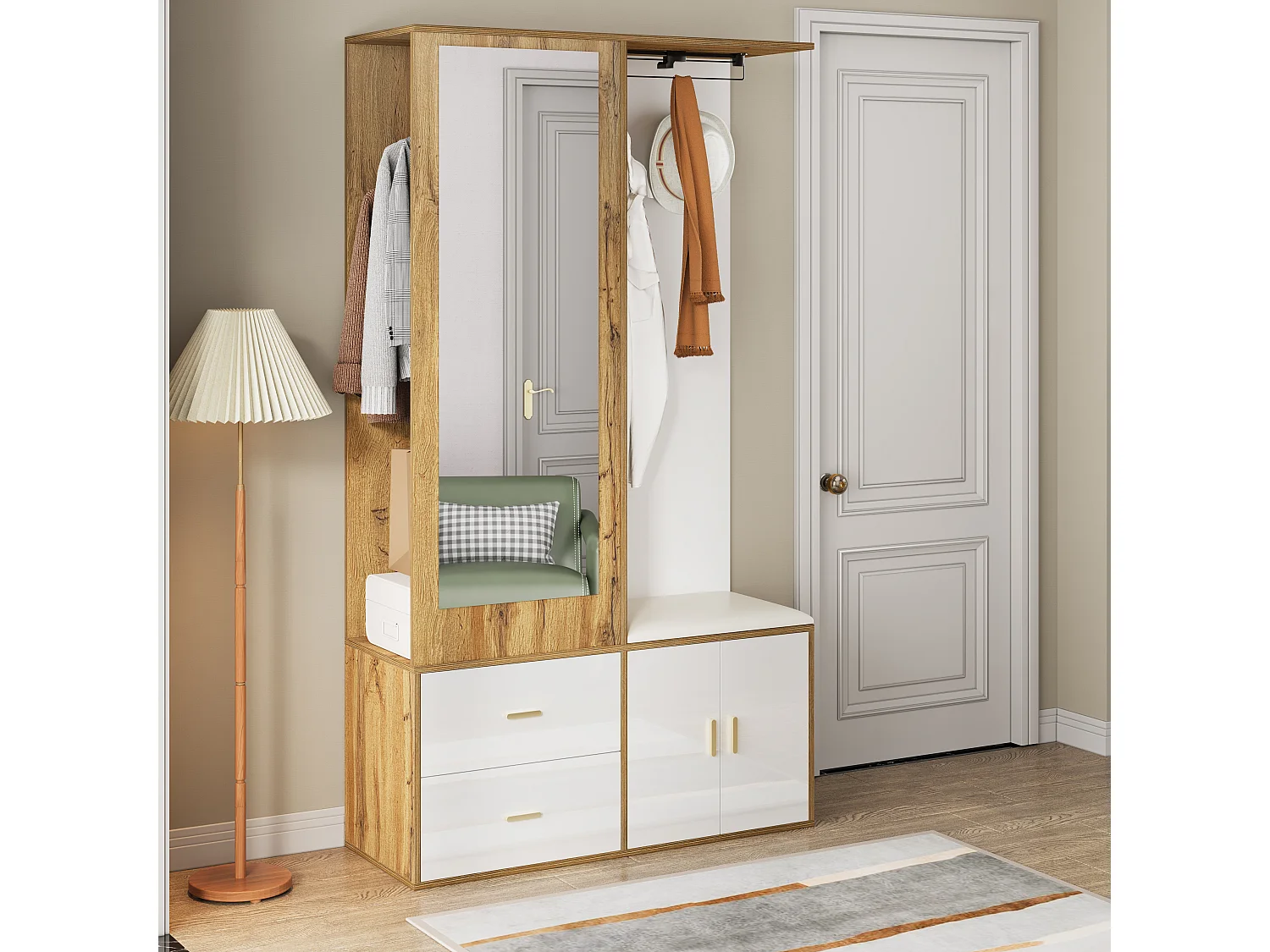 Elegante conjunto de perchero blanco y madera con espejo y zapatero.