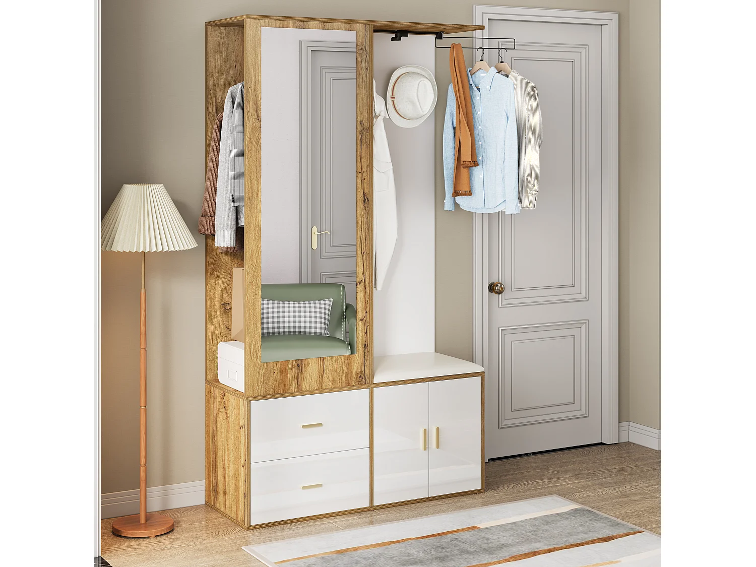 Elegante conjunto de perchero blanco y madera con espejo y zapatero.