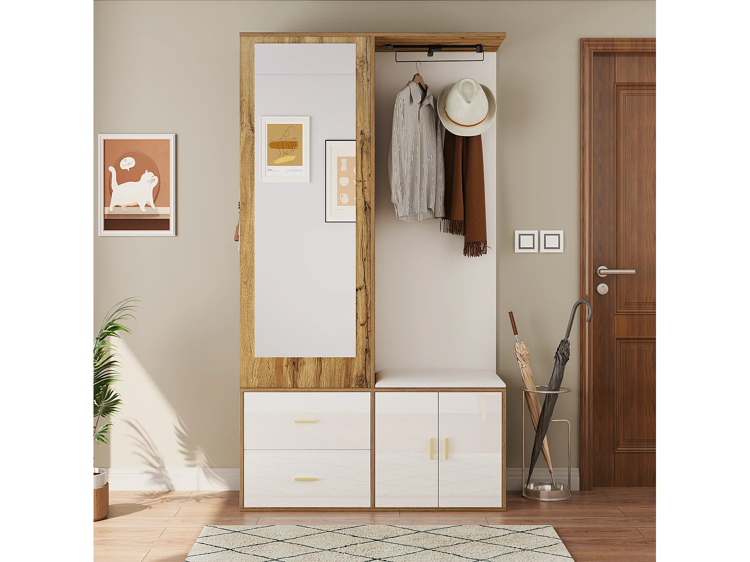 Elegante conjunto de perchero blanco y madera con espejo y zapatero.