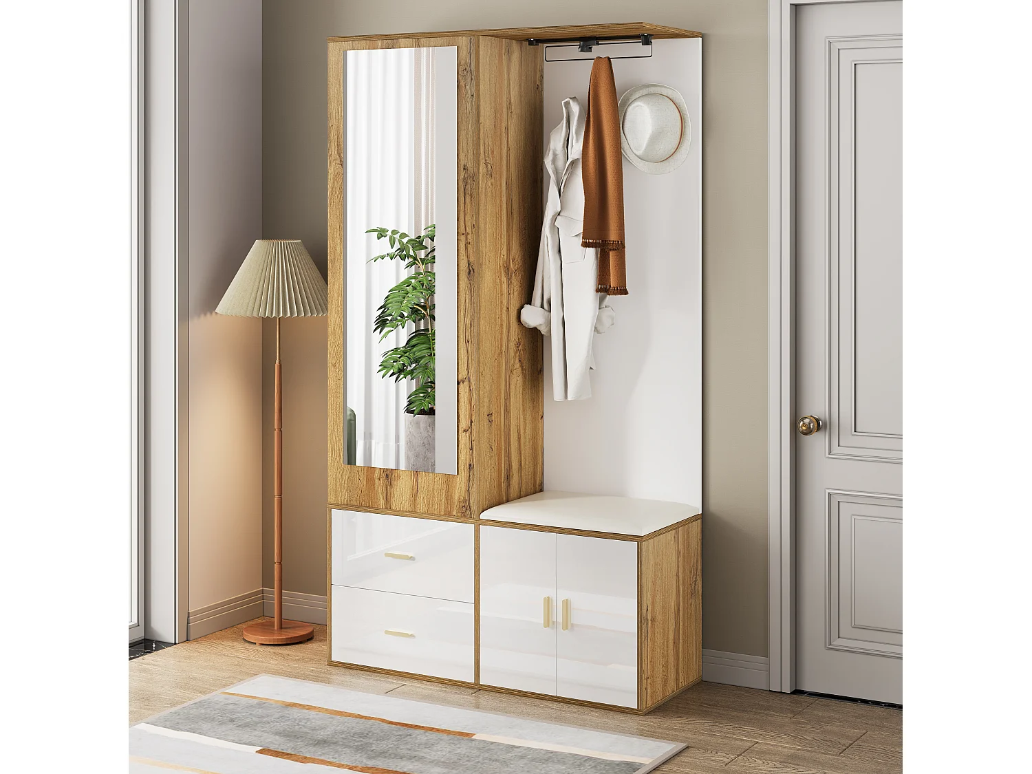 Elegante conjunto de perchero blanco y madera con espejo y zapatero.